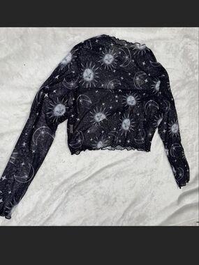 SHEIN Black Sheer Celestial Long-Sleeve Crop Top